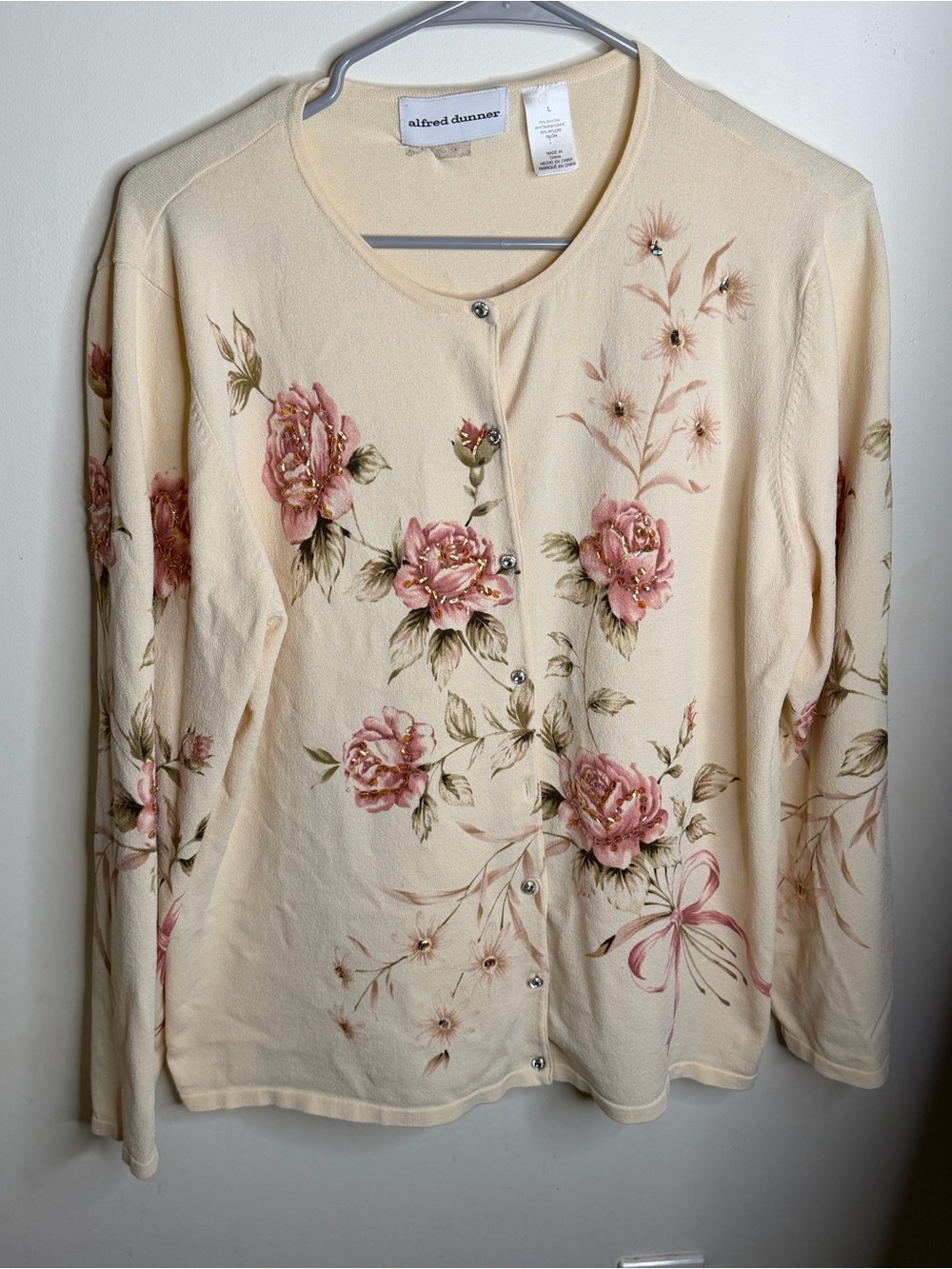 Alfred Dunner Cream Cardigan with Pink Rose Print